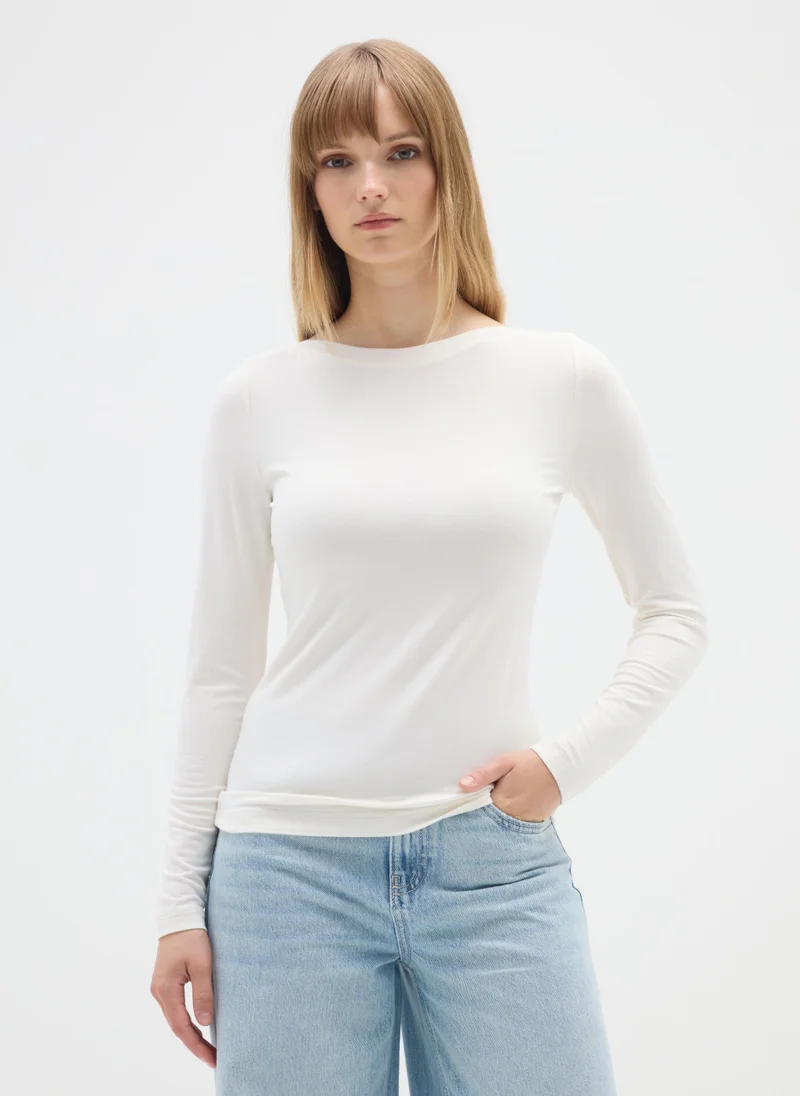 او في اس OVS Regular Fit Beige Stretch Viscose T-Shirt